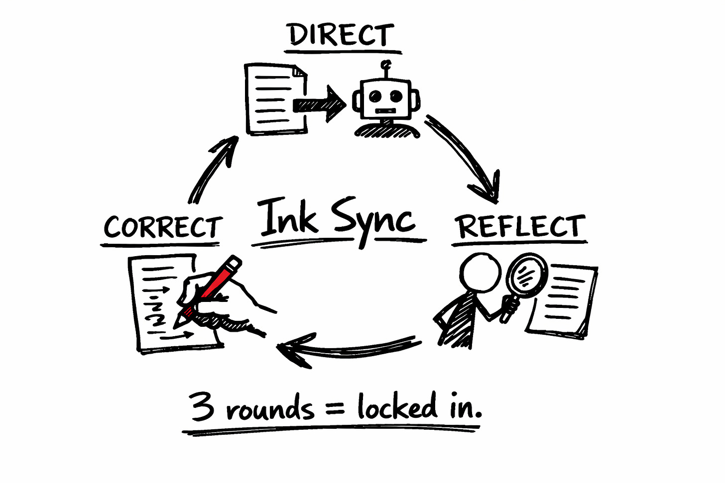 Hand-drawn diagram showing the Ink Sync calibration loop: Direct (document going to AI robot), Reflect (stick figure examining output with magnifying glass), and Correct (hand editing document with red pen). Arrows connect all three steps in a continuous cycle with 'Ink Sync' in the center and '3 rounds = locked in' written below.