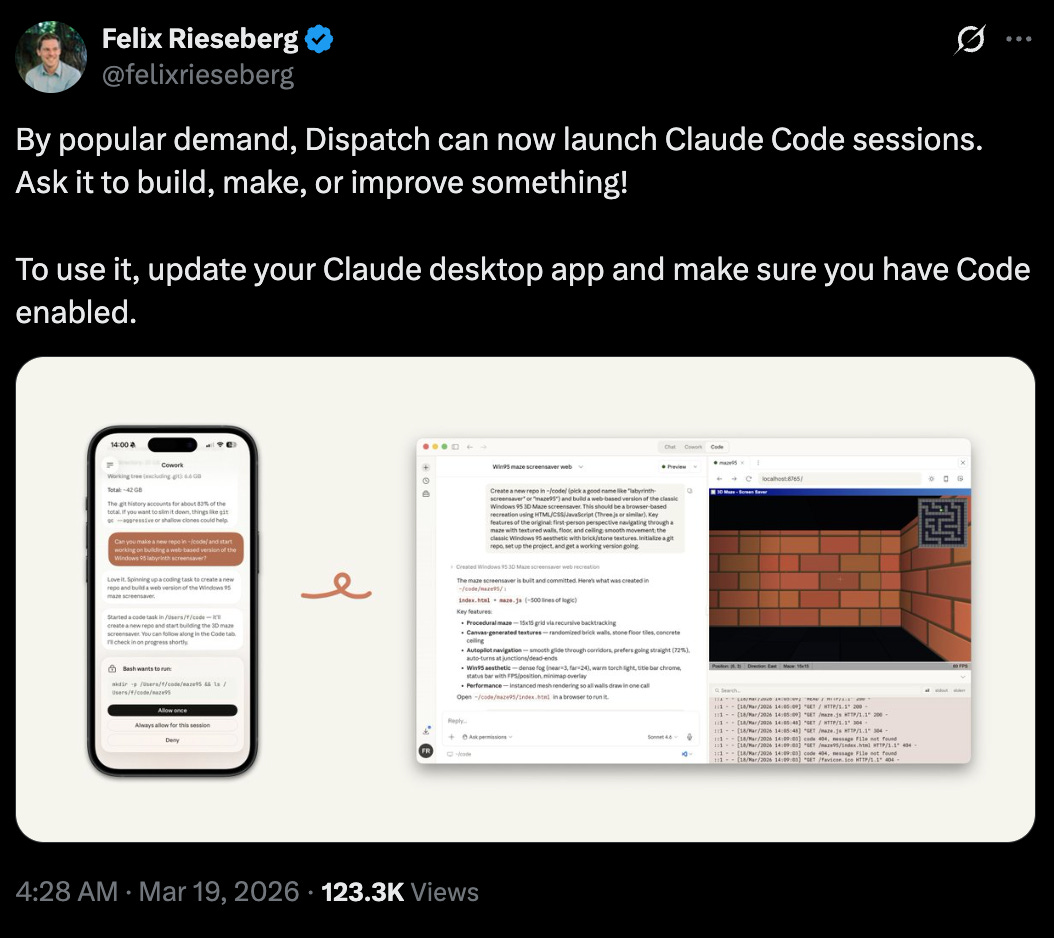 A tweet by Felix Rieseberg Anthropic showing how Claude Dispatch can trigger Claude Code sessions