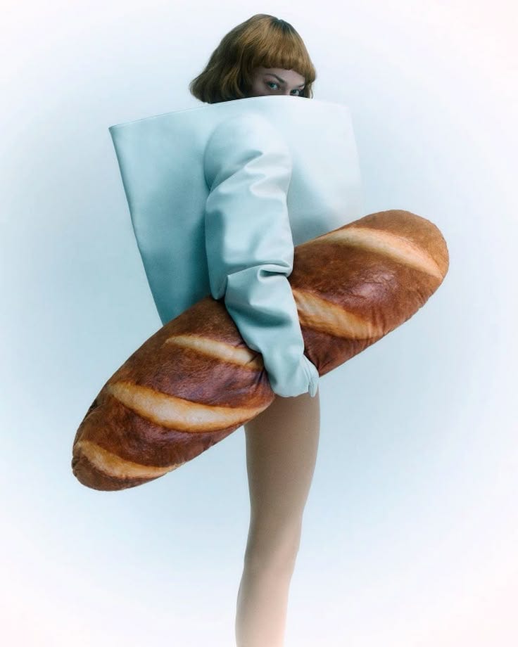 Surreal fashion editorial of a woman wearing a structured pale blue jacket holding an oversized baguette prop, modern conceptual photography