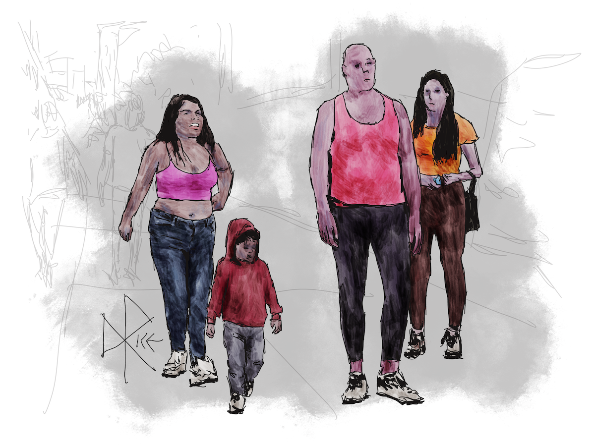 On a hot evening, a group stands on the sidewalk outside of their apartment. Sketch art by Don Rice. On a hot evening, a group stands on the sidewalk outside of their apartment. Sketch art by Don Rice.