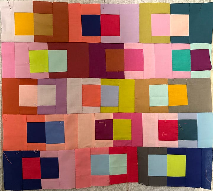 picture of two multicolored scrap quilts, bars and a strips