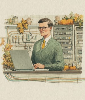 watercolor illustration of a calm it worker with woven-thread eyes standing behind a tech counter holding a laptop, soft fall decorations in the background