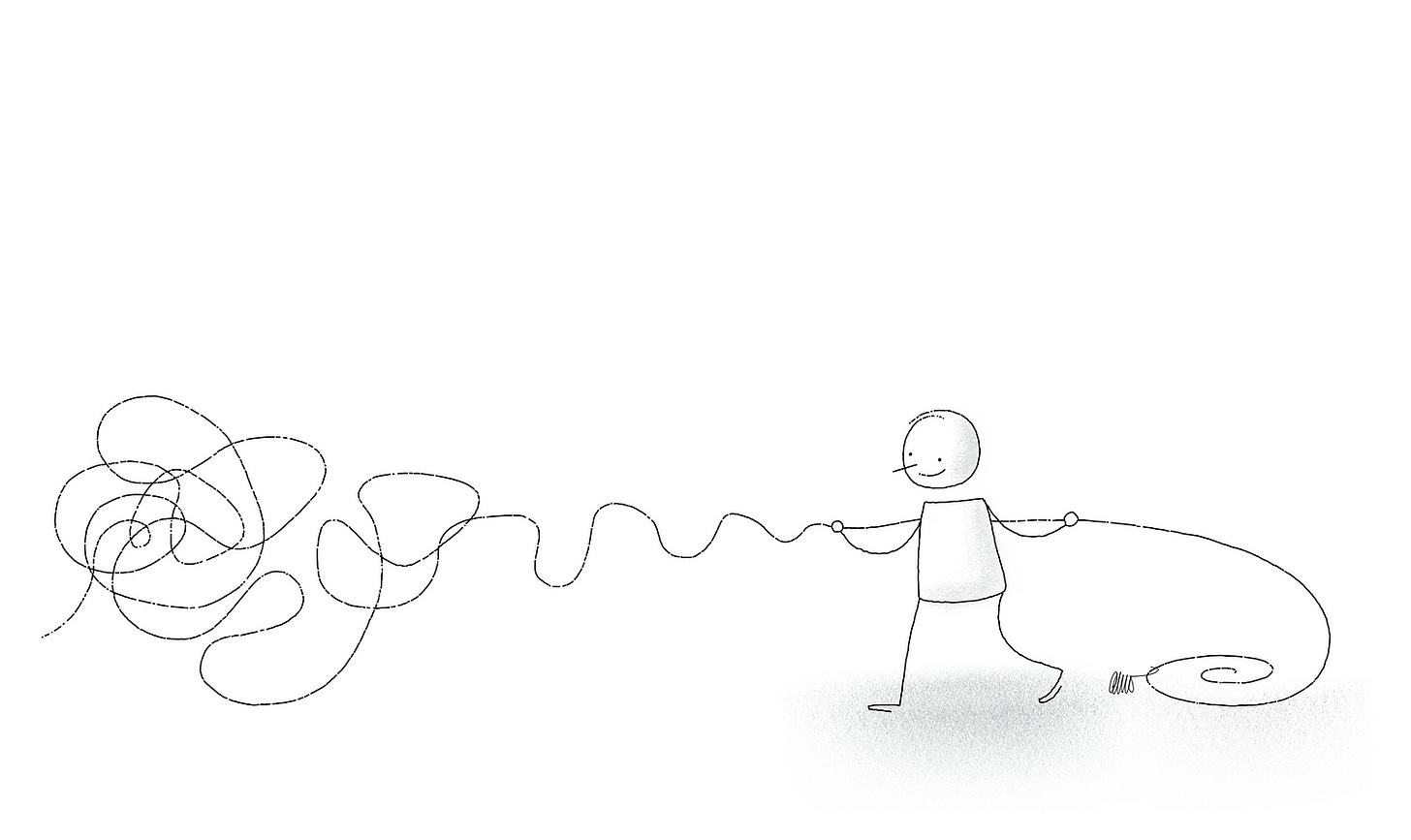 Simple line drawing showing a figure gently pulling on a tangled line, and coaxing it into a smooth coil.
