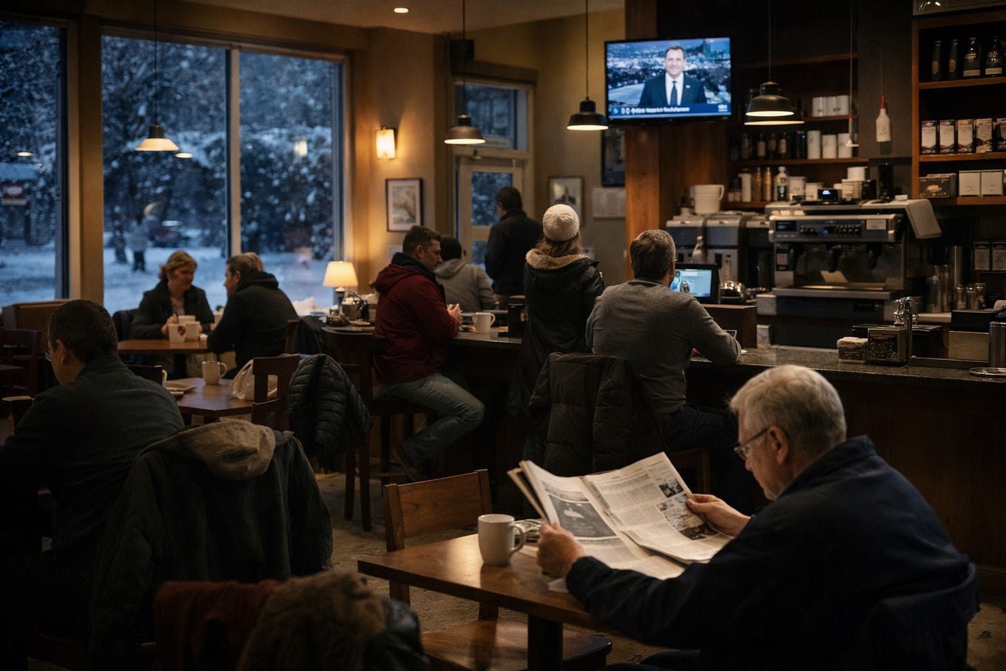 A warmly lit Canadian coffee shop on a winter day, with people sitting at tables and the counter. One person reads a newspaper while others talk quietly or watch a news broadcast on a TV above the coffee bar. Snow is visible through the windows.