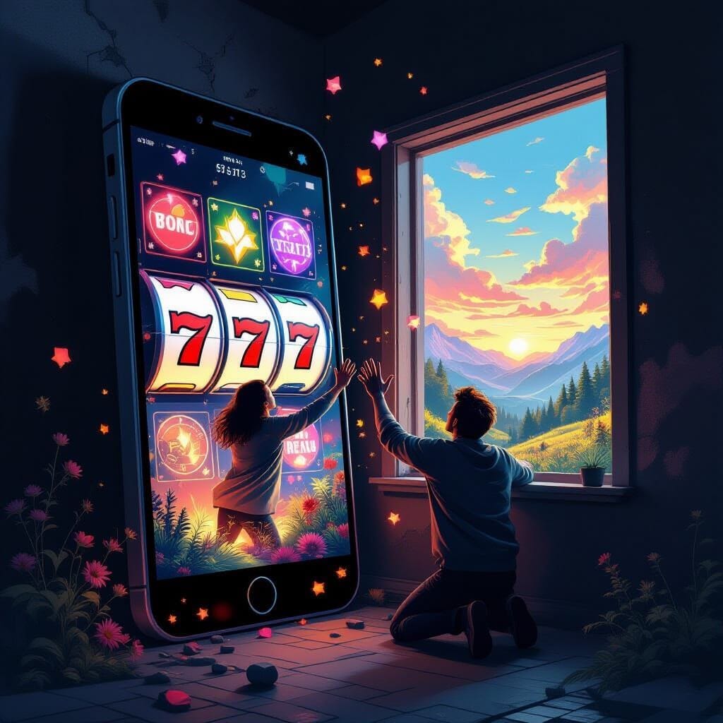 A dramatic illustration of a person trapped inside a giant smartphone screen, reaching out toward a window showing natur...