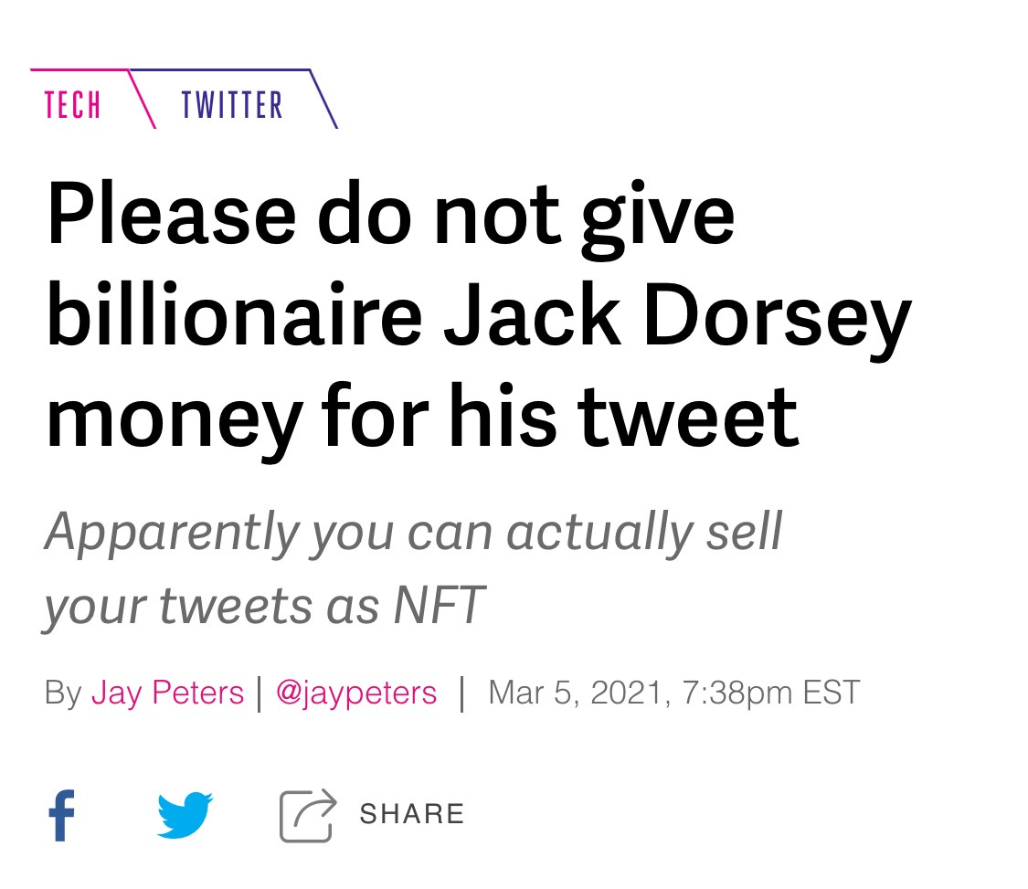 Techmeme on Twitter: "@jack has listed his original tweet, "just setting up my twttr", as an NFT on auction site Valuables (@jaypeters / The Verge) https://t.co/qg59JV7acs https://t.co/nXJKsSYhm5" Techmeme on Twitter: "@jack has listed his original tweet, "just setting up my twttr", as an NFT on auction site Valuables (@jaypeters / The Verge) https://t.co/qg59JV7acs https://t.co/nXJKsSYhm5"