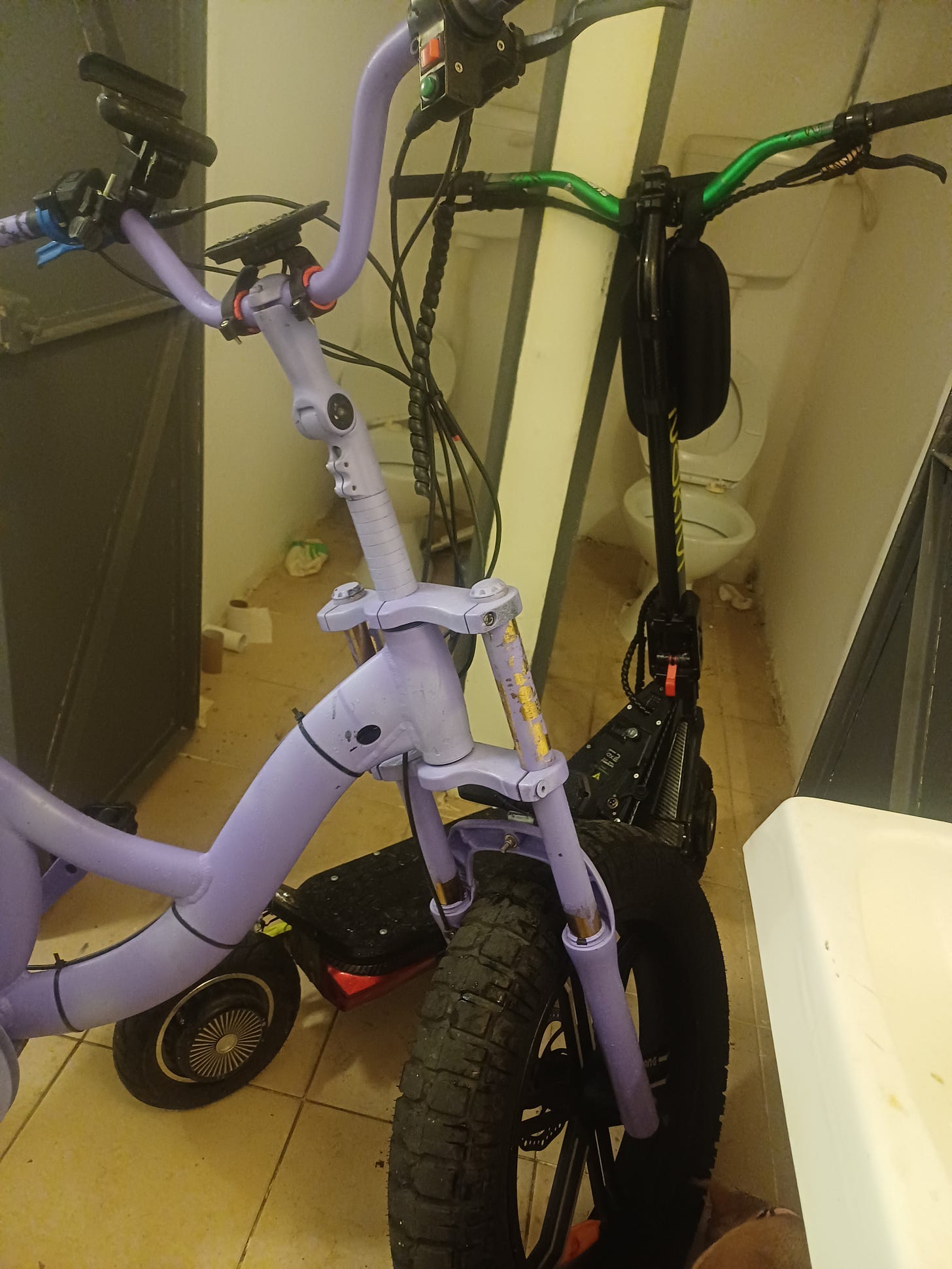 Motorcycle and motorized scooter block two-stall bathroom in author's communal shelter