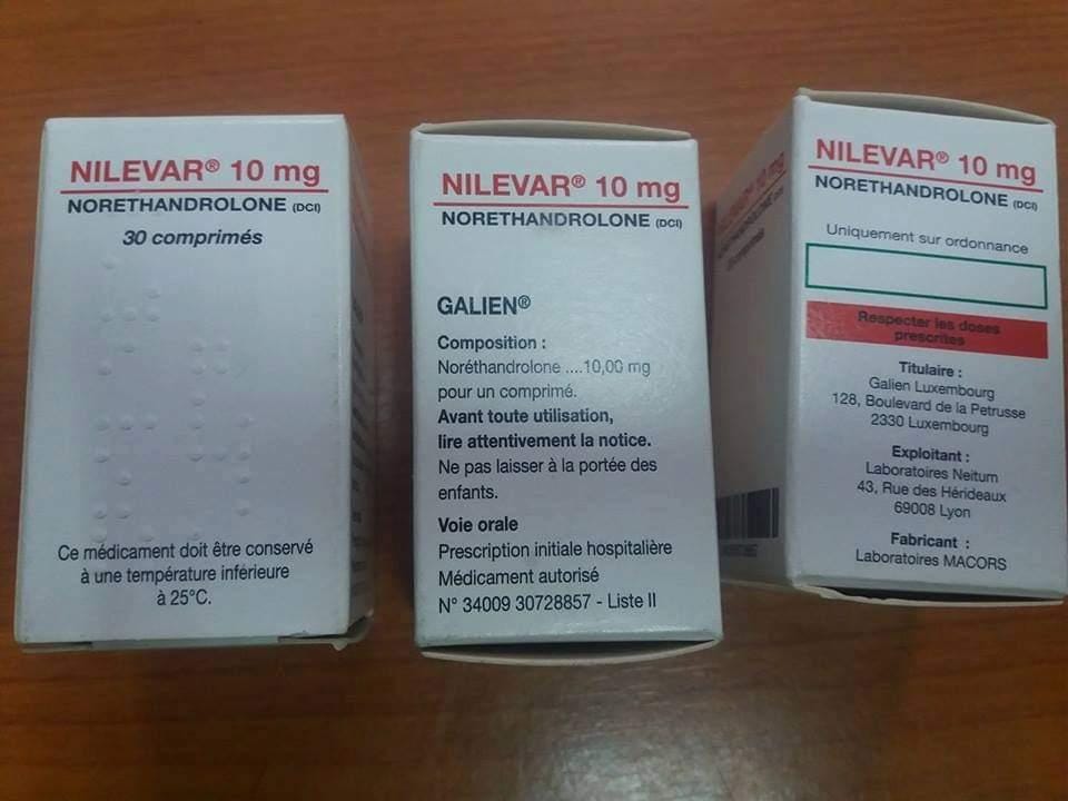 Three Nilevar 10mg norethandrolone pharmaceutical boxes from French manufacturer Galien, showing product labeling, composition details, and prescription information