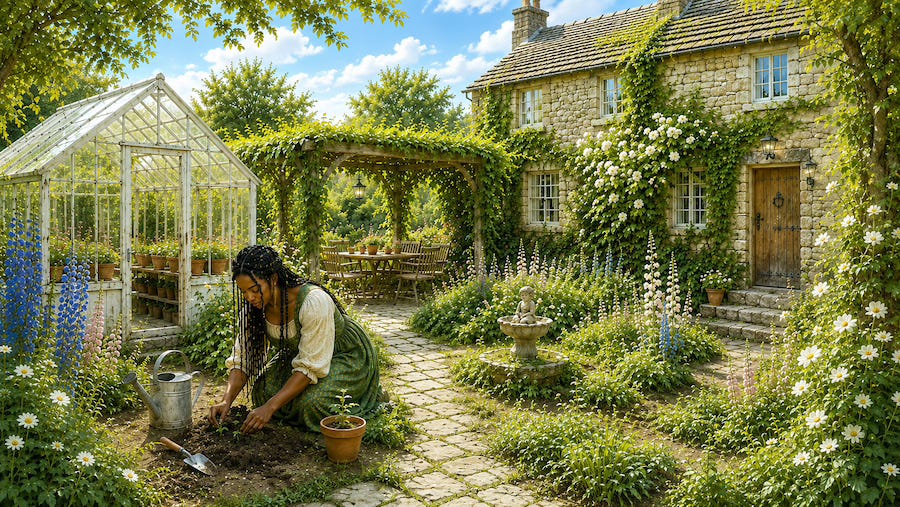 Ivy kneels in her cottage garden planting tiny seedlings beside a glass greenhouse, while young grapevines, climbing roses, and fresh greenery surround a winding stone path beneath a sunny sky. Images designed by Kim West and created with AI assistance. Ivy kneels in her cottage garden planting tiny seedlings beside a glass greenhouse, while young grapevines, climbing roses, and fresh greenery surround a winding stone path beneath a sunny sky. Images designed by Kim West and created with AI assistance.