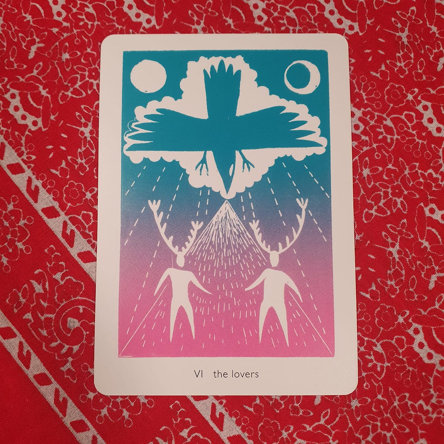 A card from Frank Duffy’s Queer Crow Death Magic indie linoprinted tarot deck - The Lovers