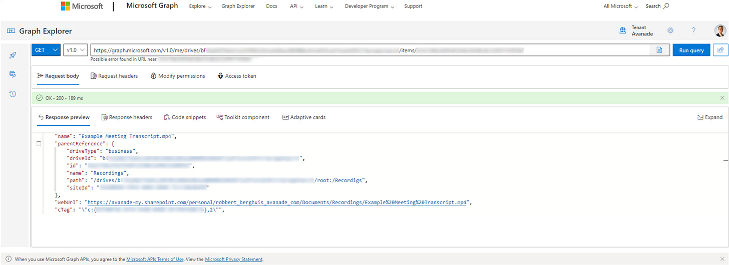 Microsoft Graph Explorer view on the 'Item' inside a 'Drive' that points to a file in OneDrive for Business - © Robbert Berghuis