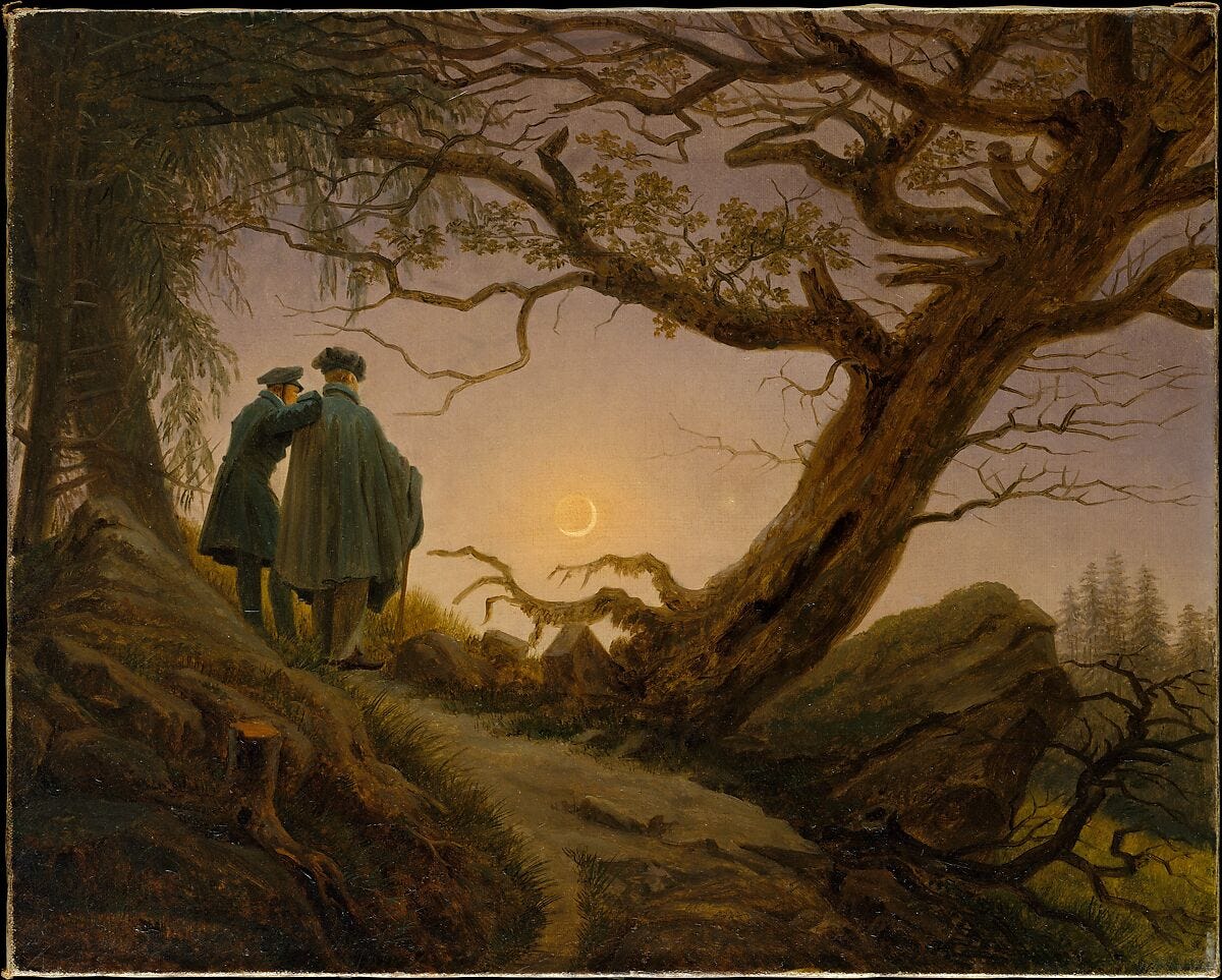 Two Men Contemplating the Moon, Caspar David Friedrich (German, Greifswald 1774–1840 Dresden), Oil on canvas Two Men Contemplating the Moon, Caspar David Friedrich (German, Greifswald 1774–1840 Dresden), Oil on canvas