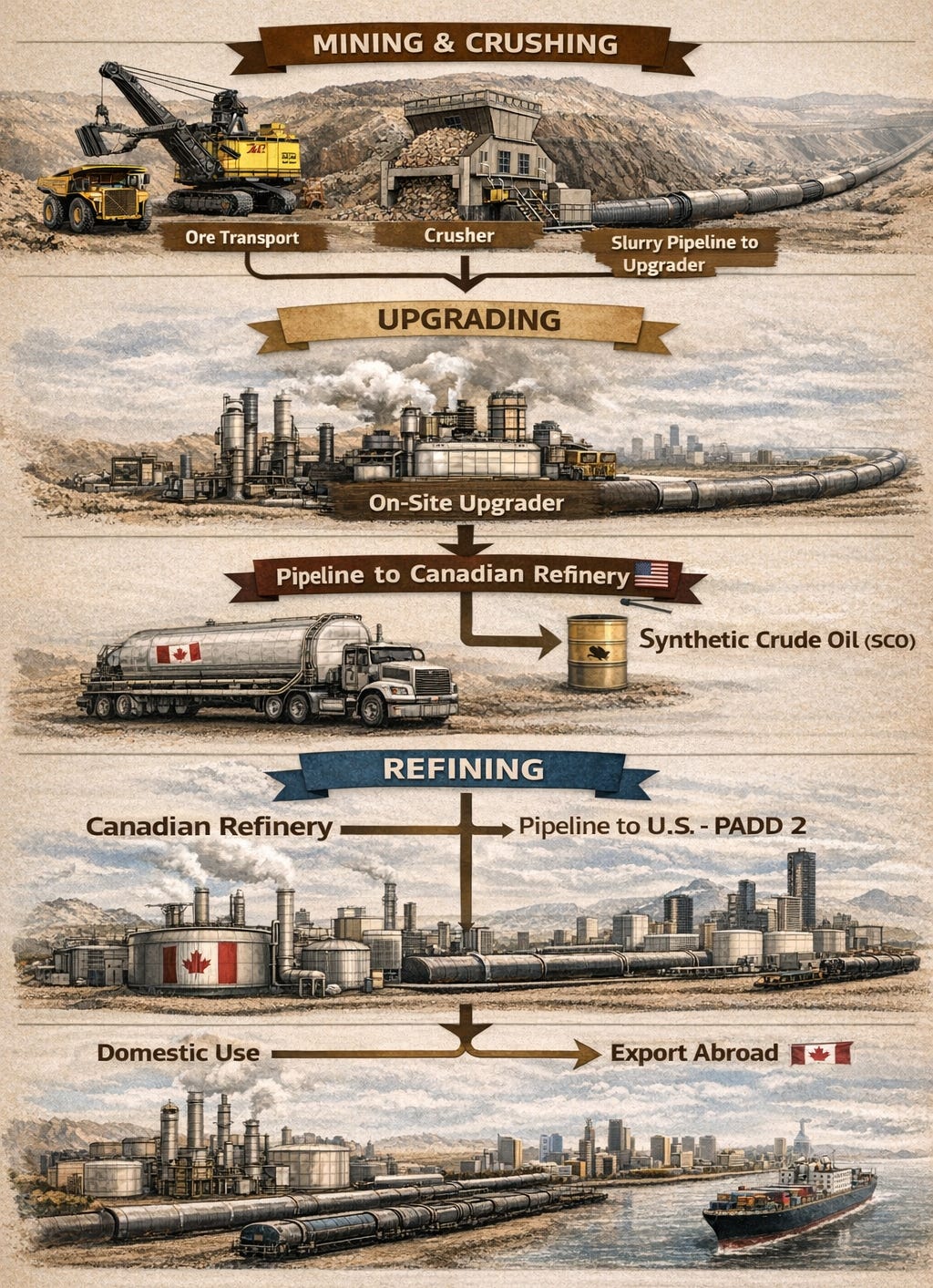 Oil sands mining and refining process