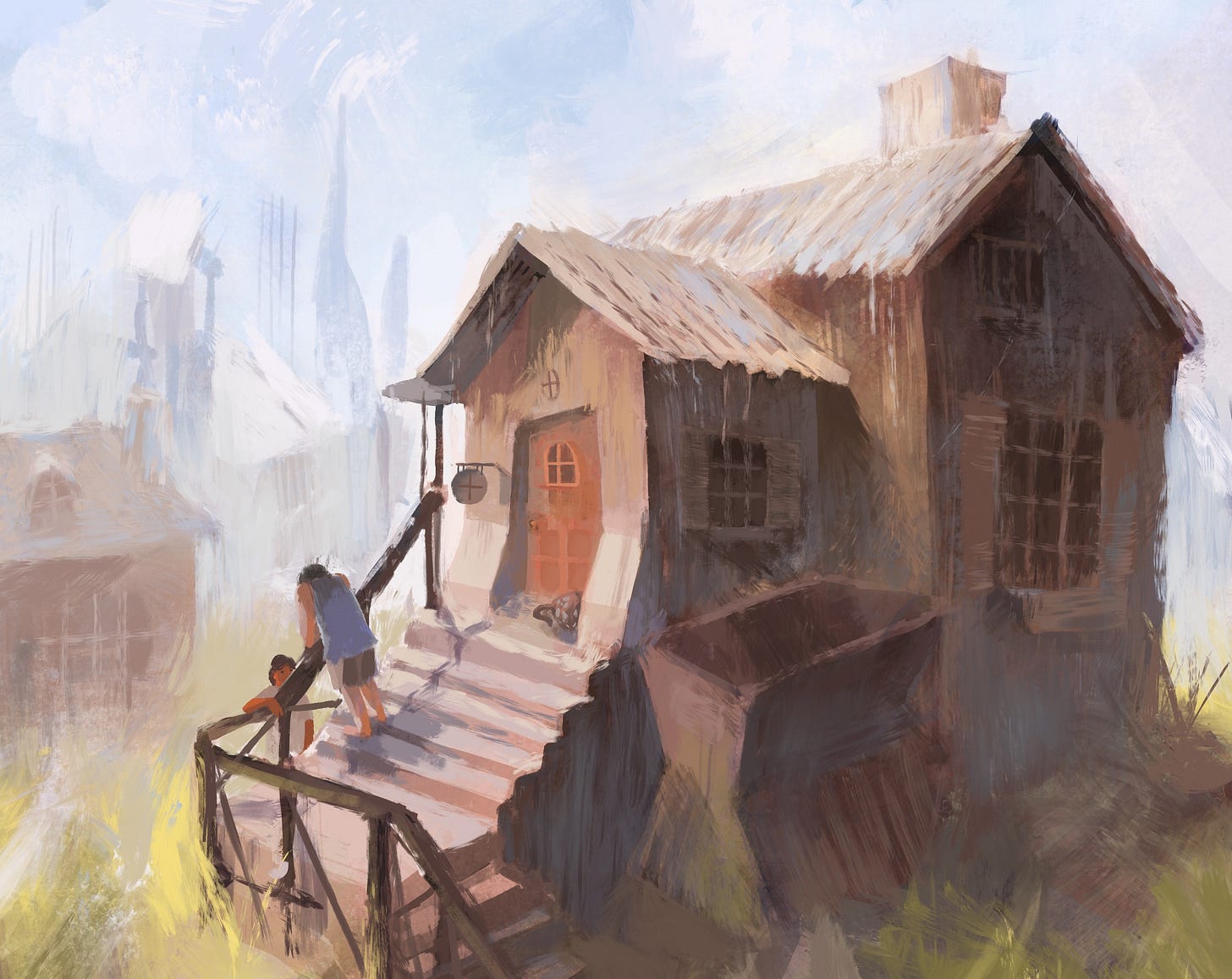 Digital painting with desaturated colors of a wooden house in a grassy field. A futuristic city can be seen in the distance Digital painting with desaturated colors of a wooden house in a grassy field. A futuristic city can be seen in the distance