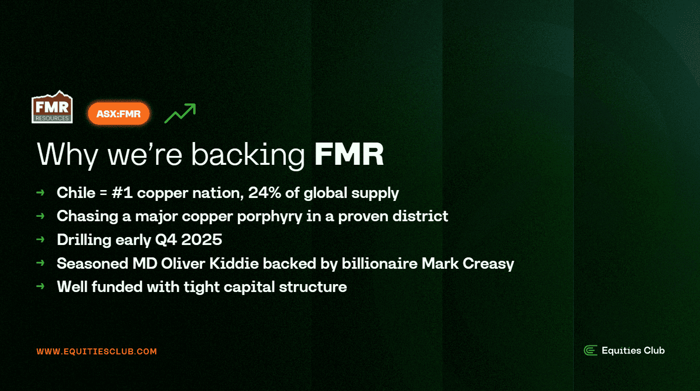 Slide explaining why Equities Club supports FMR, highlighting Chile copper supply, porphyry target, Q4 2025 drilling, and strong backing.