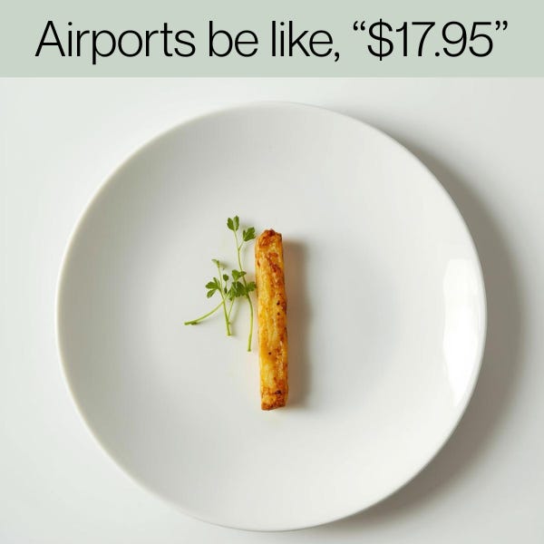 A white plate with one french fry that costs $17.95 with a quote that reads "Airports be like, $17.95" A white plate with one french fry that costs $17.95 with a quote that reads "Airports be like, $17.95"