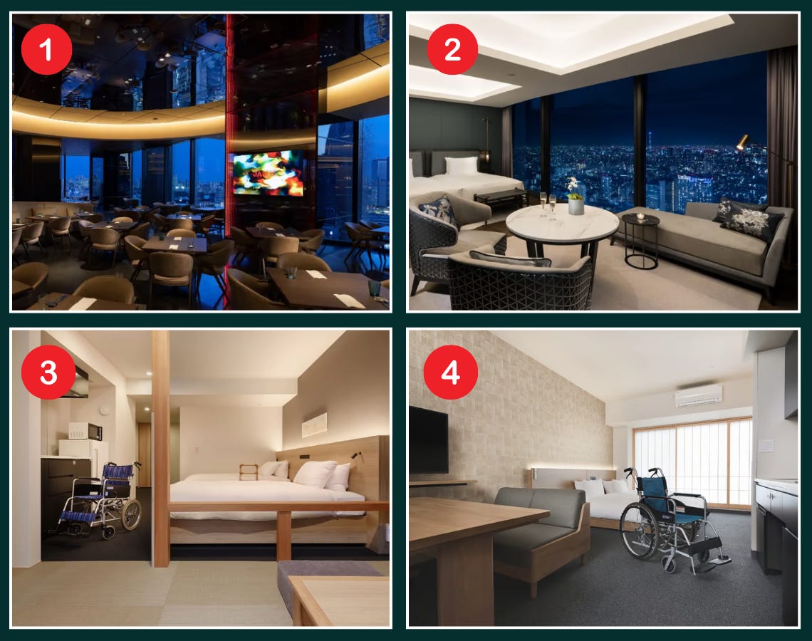 Image 1: A dimly lit upscale rooftop restaurant or lounge with panoramic floor-to-ceiling windows overlooking a city at night, featuring round tables, cushioned chairs, ambient lighting, and a large display screen. Image 2: A luxurious high-rise hotel suite at night with floor-to-ceiling windows offering a sweeping city skyline view, furnished with a king bed, sofa, and a round marble coffee table with champagne on ice. Image 3: A wheelchair-accessible hotel room with a low platform bed, tatami-style flooring, kitchenette area, and a blue manual wheelchair parked near the entrance. Image 4: A spacious wheelchair-accessible hotel room with neutral stone-textured walls, a low platform bed, large windows with shoji-style blinds, a wall-mounted TV, and a blue manual wheelchair beside the bed.