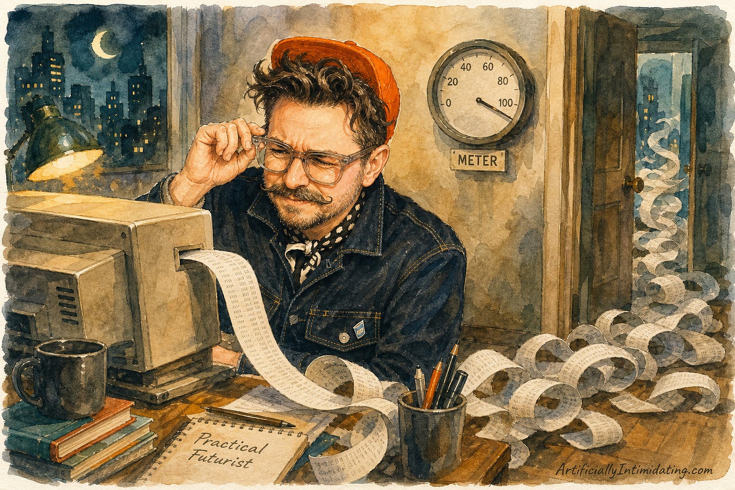 Watercolor illustration: a man in an orange cap squints at a paper receipt spooling endlessly out of his computer and across the floor, beneath a wall meter labeled METER whose needle points past the end of a dial with no red zone.