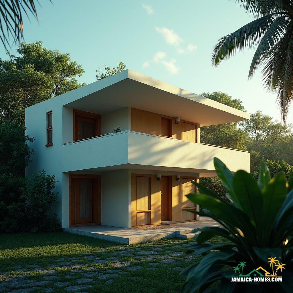 A modern one-storey budget home with protruding balconies stands in the vibrant city of Kingston, Jamaica, amidst the Caribbean's lush tropical landscape. Soft, warm light casts long shadows across the exterior walls, accentuated by subtle film grain and a gentle vignette. The image is a cinematic masterpiece, reminiscent of a 35mm film still, shot on a V-Raptor XL camera. The color palette is rich and atmospheric, with deep blues and greens evoking the region's laid-back, island vibe. The architectural lines of the home are clean and minimalist, yet dramatic and epic in scale, as if plucked from a live-action film set. The mood is one of serene tranquility, inviting the viewer to step into the tranquil world of this Caribbean haven.