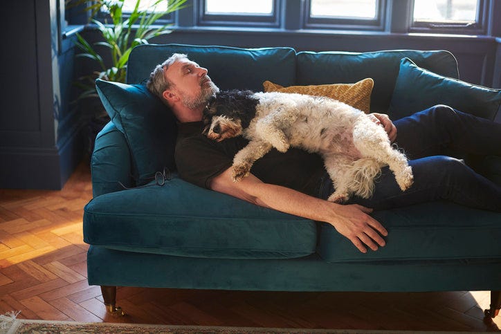 man and dog sleeping on the sofa