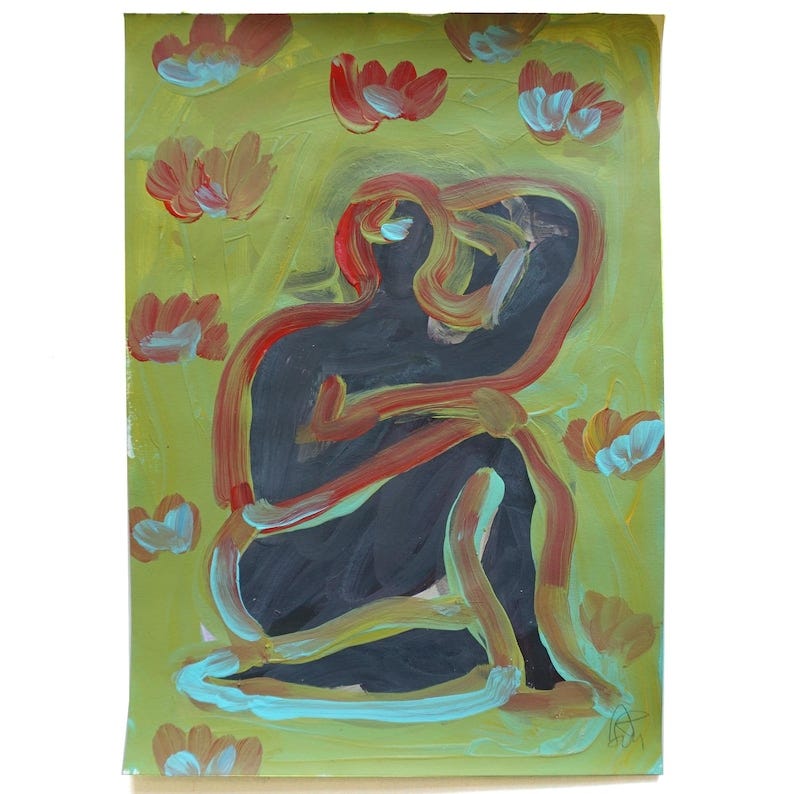 May include: Abstract painting of a seated figure rendered in dark gray, teal, and red against a yellow-green background. The figure is stylized with bold brushstrokes. Reddish-orange flower-like shapes are scattered across the background. The painting has a modern, expressive style.