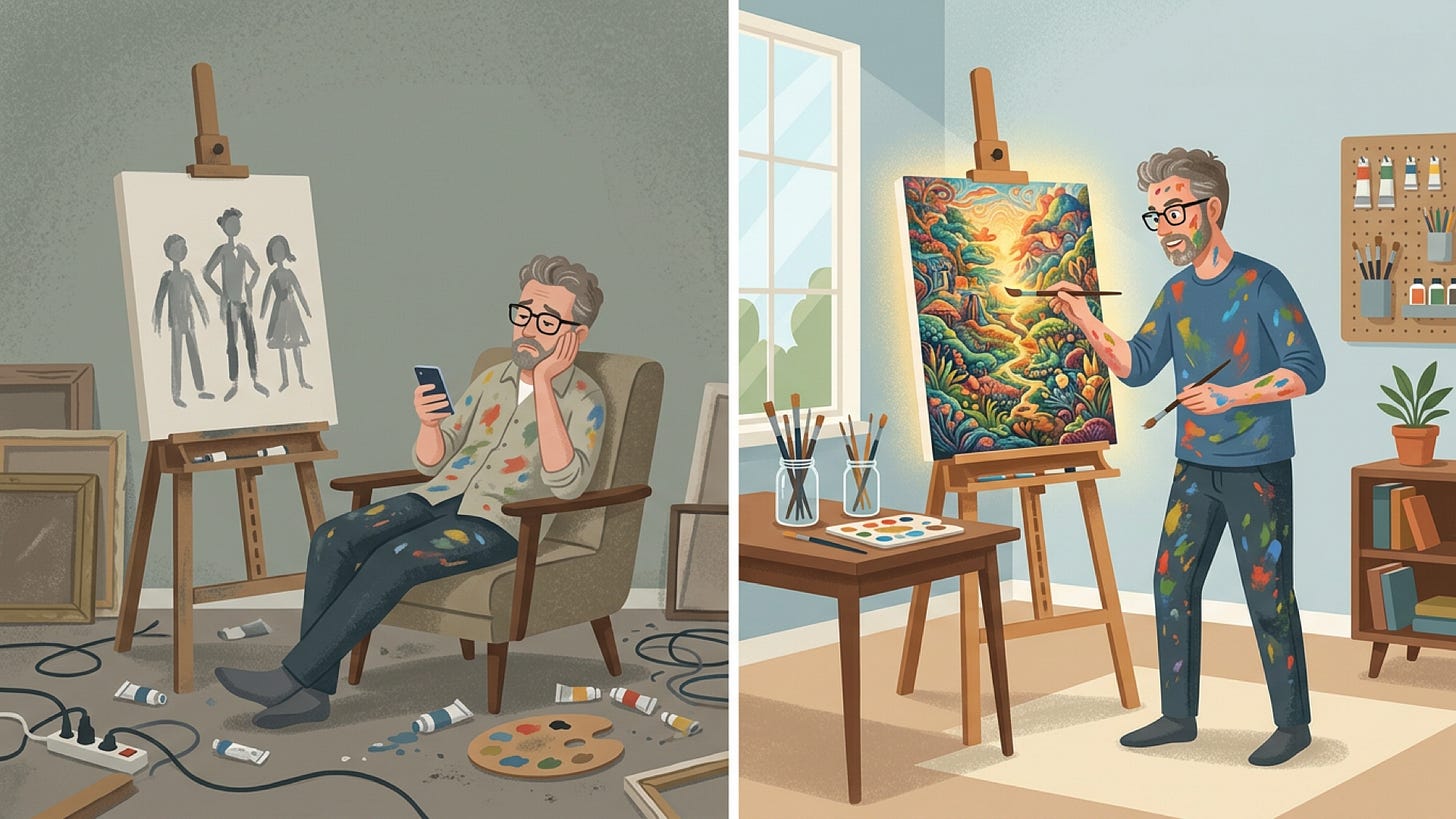 Illustration: a disengaged painter slumped on a phone beside a dull canvas, versus an inspired painter creating a vivid, colorful canvas Illustration: a disengaged painter slumped on a phone beside a dull canvas, versus an inspired painter creating a vivid, colorful canvas