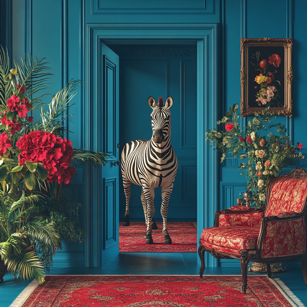 fun image of a zebra standing in the doorway of a gorgeous teal blue room with a red and cream patterned room, plush design interiors adelaide