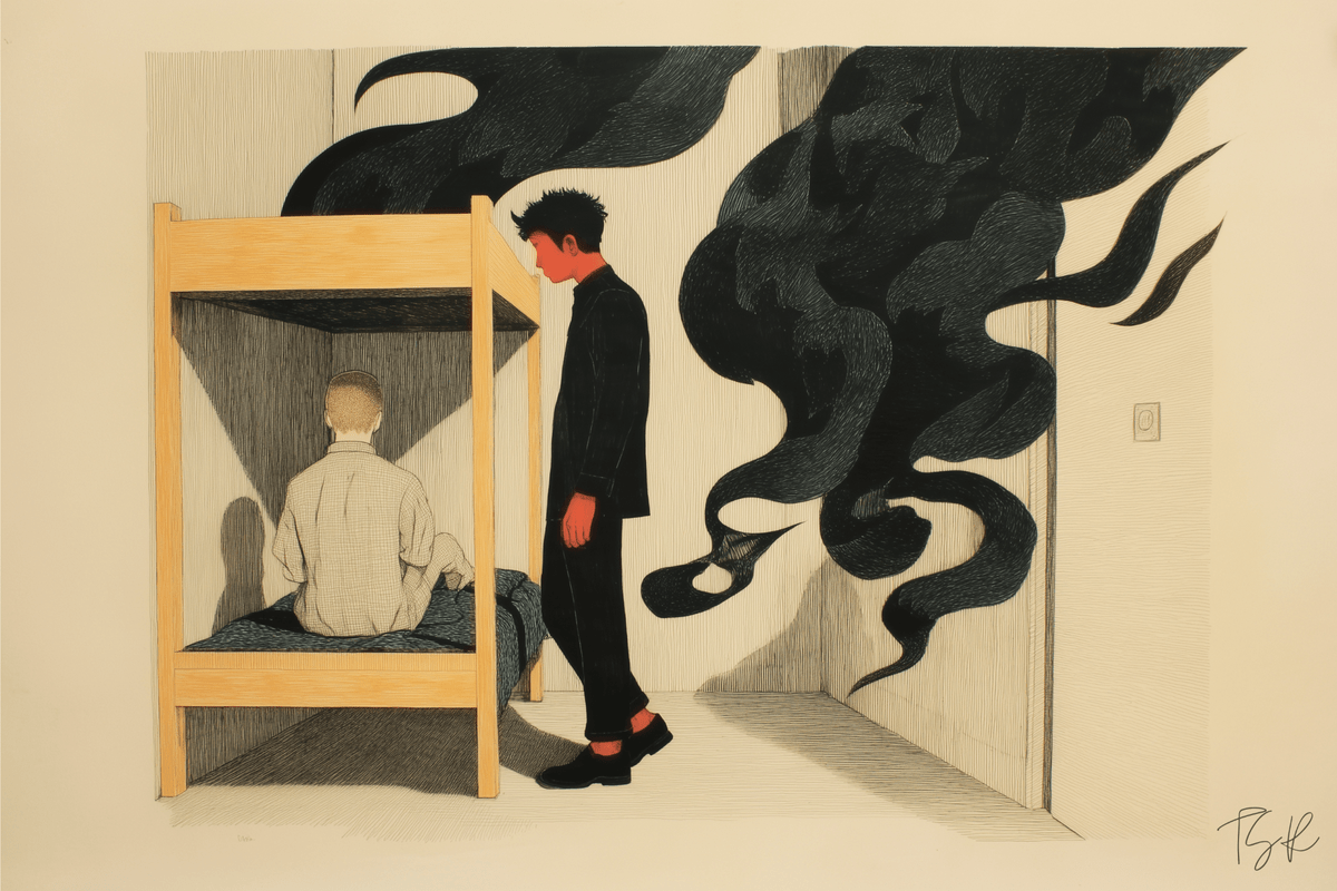 Surrealist illustration of a light-haired man sitting on a bunk bed, back turned. A tall, red-skinned figure with small horns and a featureless face looms over him. Billowing black smoke curls through the sparse room, suggesting the physical collapse of a domestic space into dread.