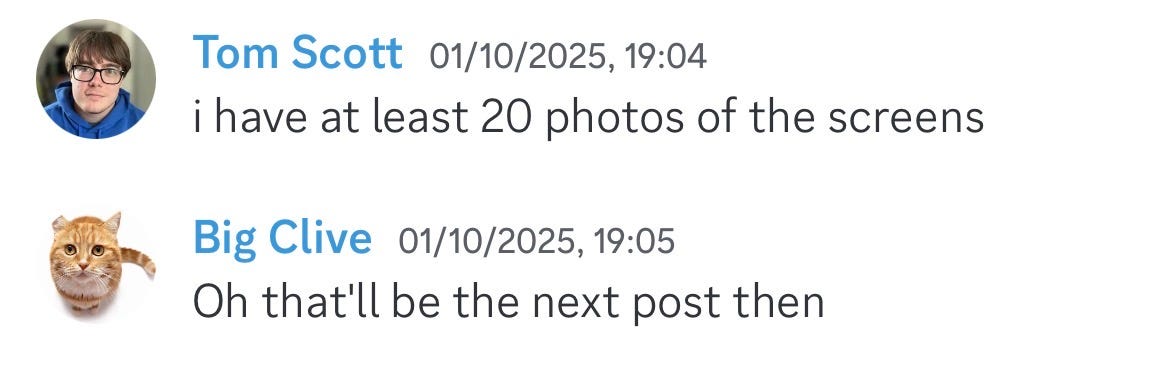 Screenshot of chat conversation with one user saying "i have at least 20 photos of the screens" and another replying "Oh that'll be the next post then"