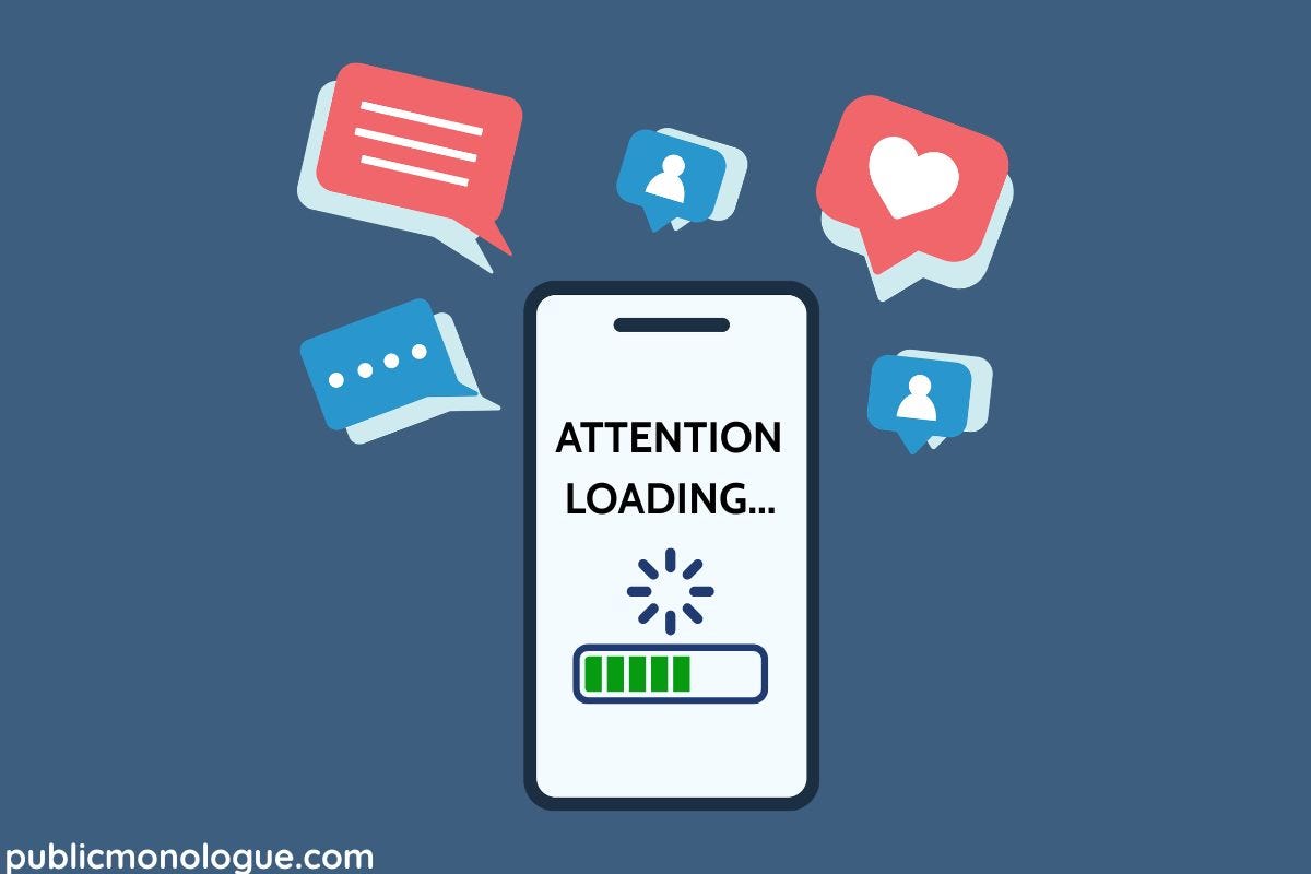 Smartphone with a blank white screen displaying ATTENTION LOADING… surrounded by notifications, symbolizing fragmented attention caused by social media Smartphone with a blank white screen displaying ATTENTION LOADING… surrounded by notifications, symbolizing fragmented attention caused by social media