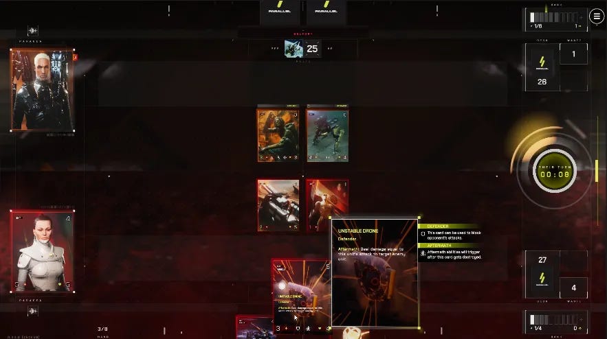 In-game screenshot from Parallel game. Board is top-down view and shows 4 cards on the board. It has a dark, scifi aesthetic with a blond man against a woman wearing white armor.