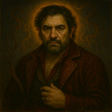 Illusion of Luvash, Vistani patriarch, broad expressive face, deep-set intense eyes, dark wavy hair, olive weathered skin, burgundy and black embroidered coat, heavy rings, warm lanternlit aura, emotionally volatile presence, without referencing any real actor