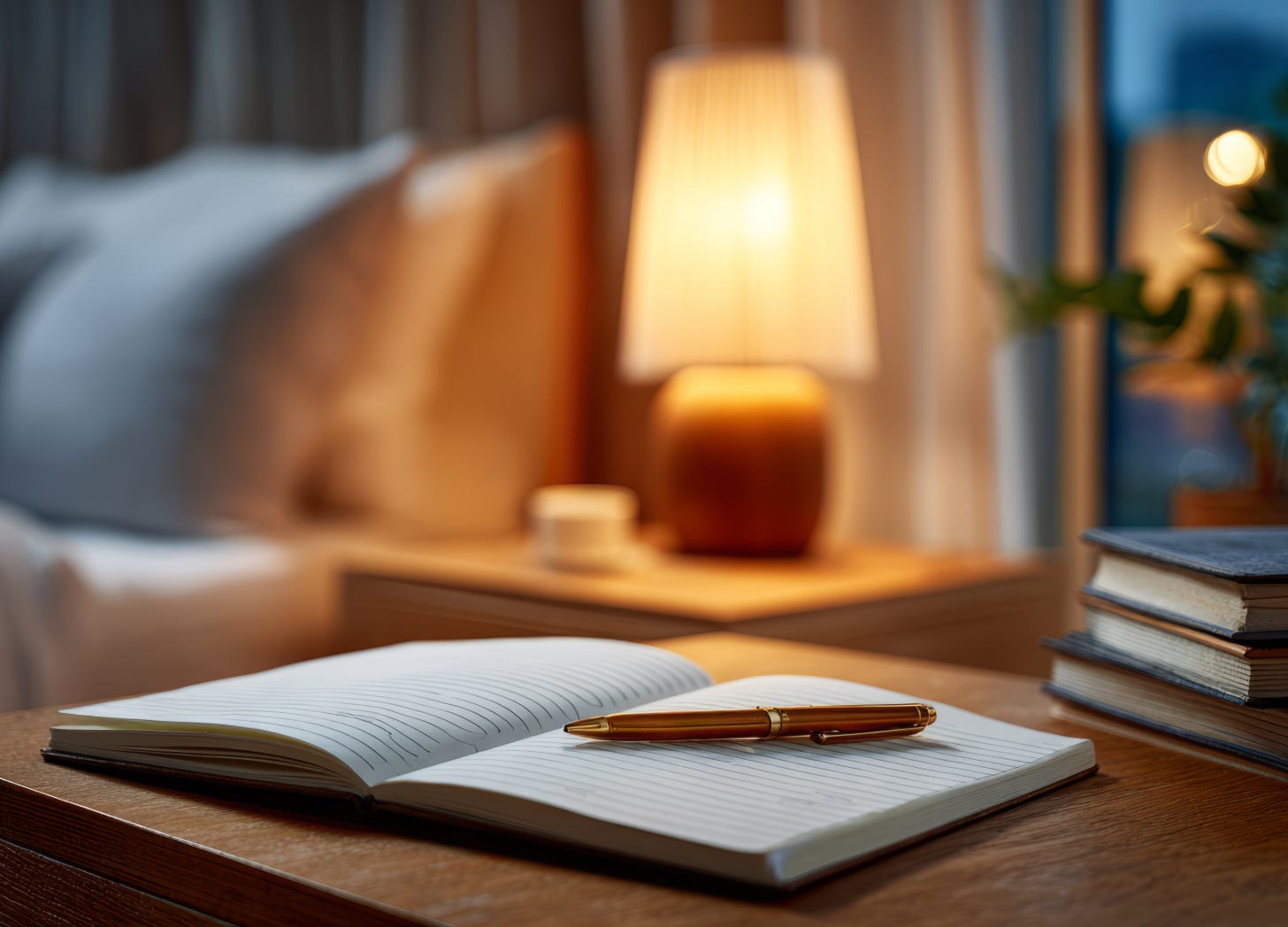 A minimalist wooden nightstand at night with a small lamp glowing, featuring a closed fountain pen resting on an open linen-covered notebook with hand-written notes.