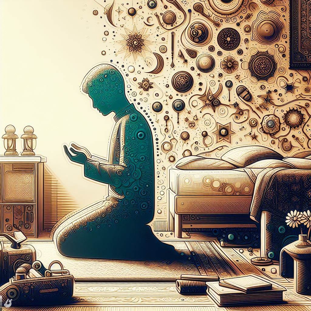 abstract picture of a siluohette of a young muslim supplicating in his bedroom, there are various items in the room abstract  