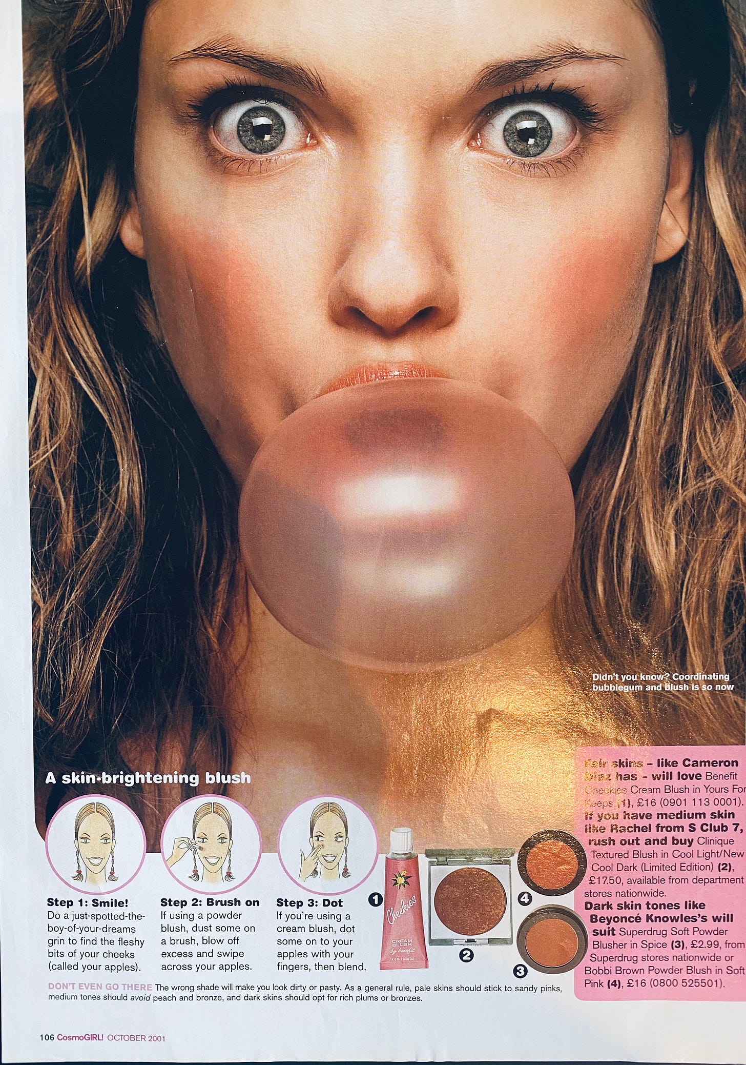 A nostalgic full-page spread from the October 2001 issue of CosmoGIRL! magazine, used as a focal point for this The Beauty Ed® article.