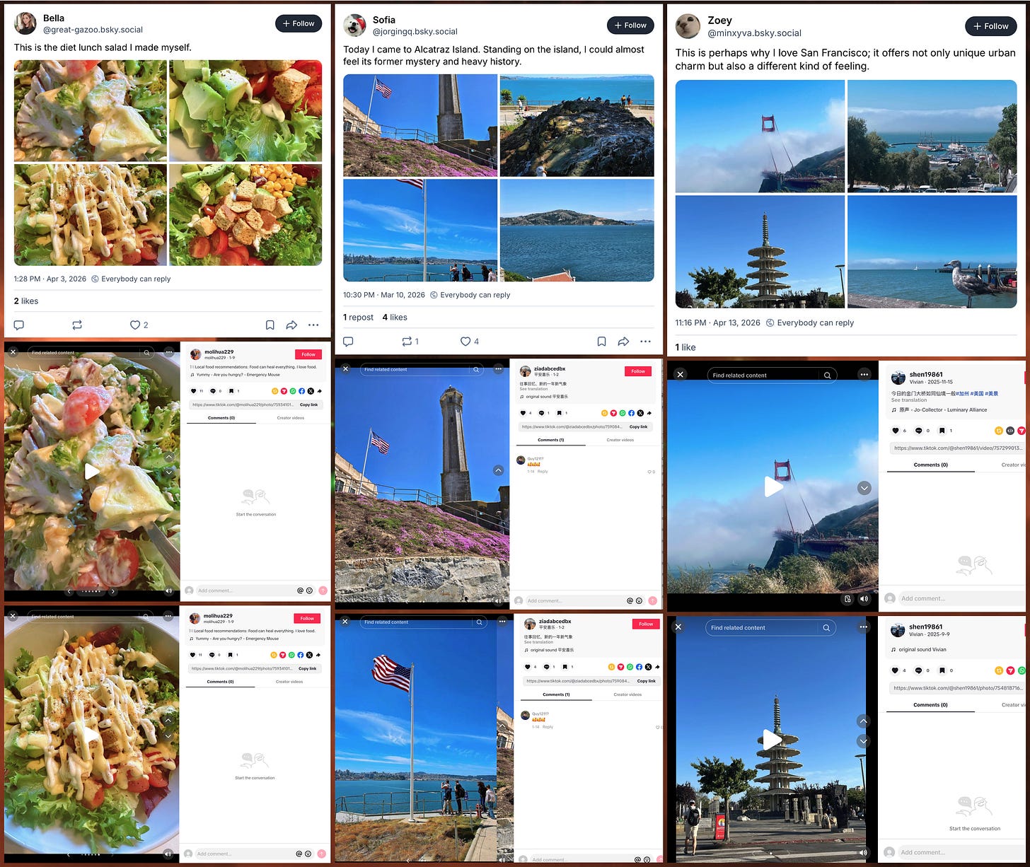 screenshots of images posted by the Bluesky spam accounts, accompanied by older TikTok posts from which the images were presumably plagiarized