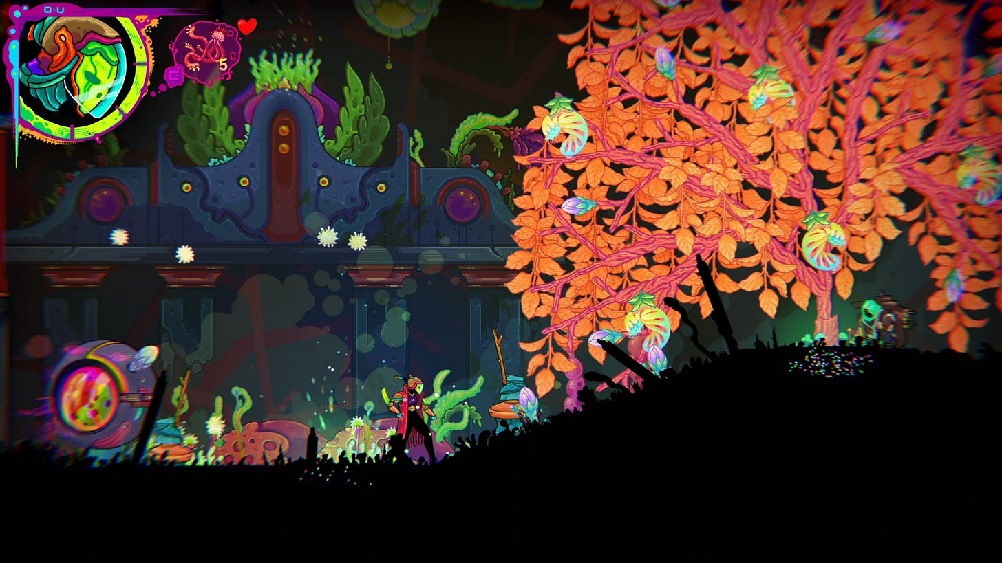 A video gam character stands near a black hill, on top of which grows a big tree with orange leaves.