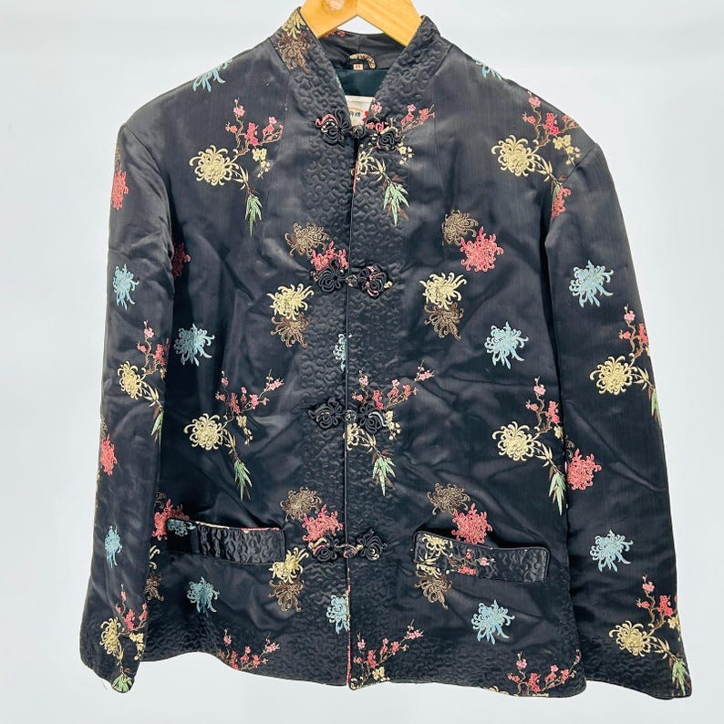Vintage 80s Peony Brand Black Satin Brocade Oriental Floral Padded Jacket image 1