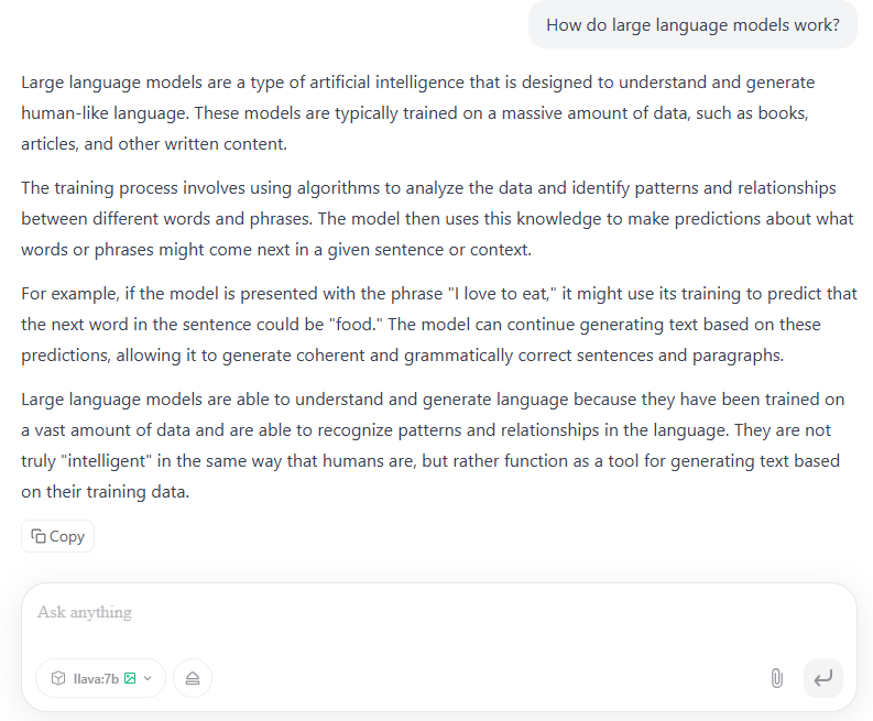 Screenshot of Genspark AI Browser 2.0 showing an offline chat with the llava-7b model, demonstrating private local AI conversations and third-party model downloads on desktop