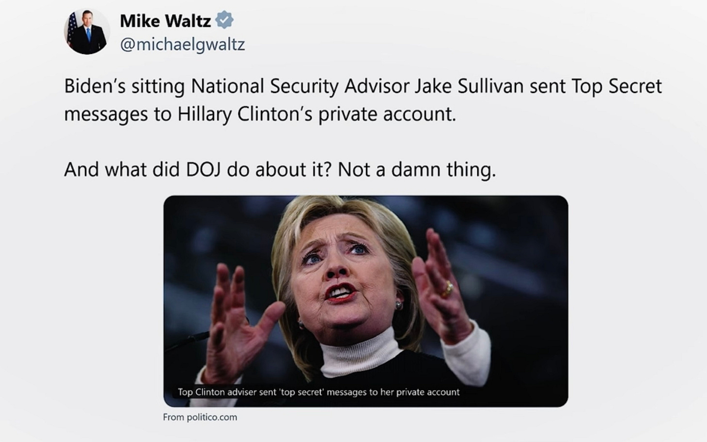 old mike waltz tweet criticizing DOJ for doing nothing about Hillary's email server fiasco