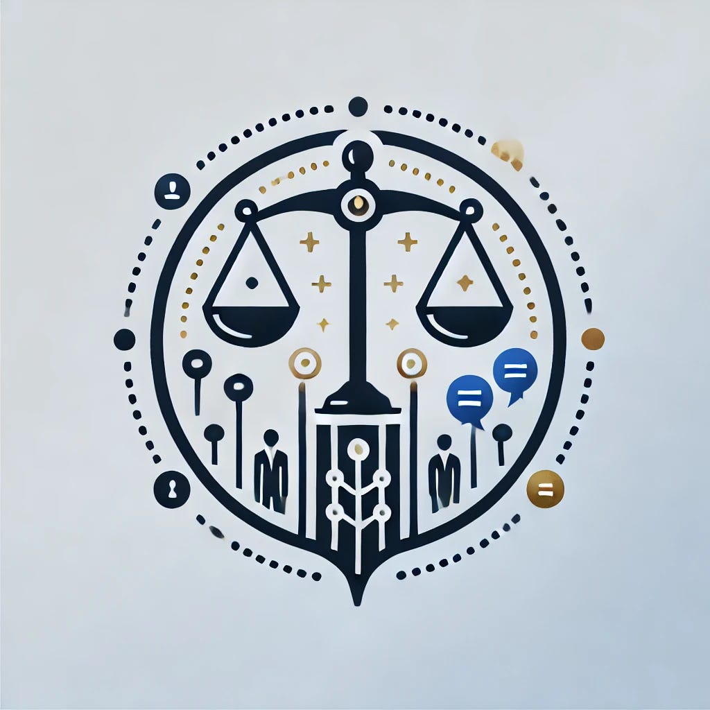A sleek, modern logo representing ethical leadership. The design should include:

- A balanced scale symbolizing accountability.
- A stylized upward arrow or growth element to represent self-development.
- Speech bubbles or interconnected lines to signify communication and transparency.
- A circular or shield-like frame to convey integrity and trust.
- A professional color scheme with navy blue, gold, and white accents.

The logo should be minimalist yet powerful, suitable for business and leadership branding.