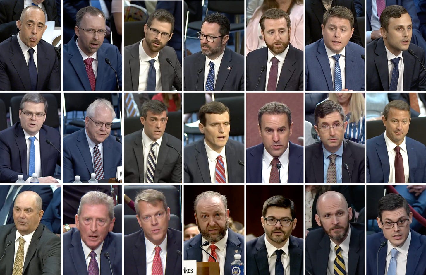 A collage of 21 white men testifying before the Senate Judiciary Committee.