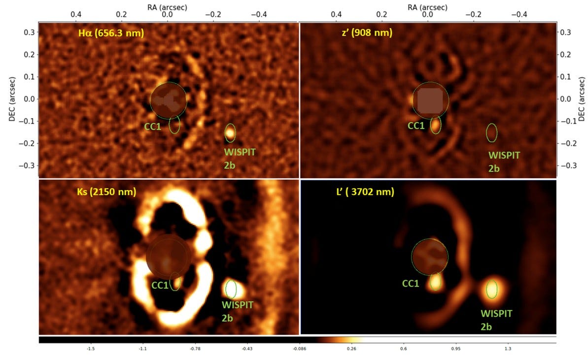 Four astronomical images show celestial objects labeled CC1 and WISWIT 2b—potentially a gap-clearing planet missing link—at wavelengths of 656.3 nm, 908 nm, 2150 nm, and 3702 nm, each with varying brightness and contrast. Four astronomical images show celestial objects labeled CC1 and WISWIT 2b—potentially a gap-clearing planet missing link—at wavelengths of 656.3 nm, 908 nm, 2150 nm, and 3702 nm, each with varying brightness and contrast.