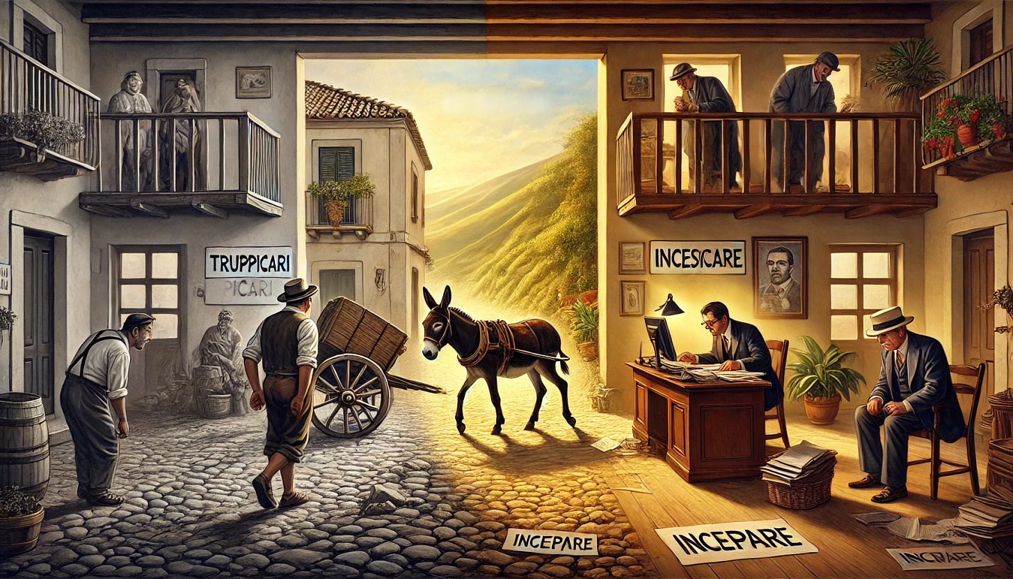 A realistic depiction of the linguistic evolution of the verbs 'truppicari,' 'intoppare,' 'incespicare,' 'inceppare,' and 'inciampare' in Italian. The image is divided into three sections: 1) A Sicilian farmer in a rural setting watching a donkey ('sceccu') stumble, representing the verb 'truppicari' and its proverb. 2) A historical European street scene where a person unexpectedly bumps into an old acquaintance or a creditor, illustrating 'intoppare' in its traditional sense. 3) A modern office environment where a frustrated worker deals with bureaucratic obstacles ('intoppo'), symbolizing administrative delays. The composition blends history, culture, and linguistics in a visually engaging and realistic style, using warm, natural lighting and rich textures. The format is 16:9.