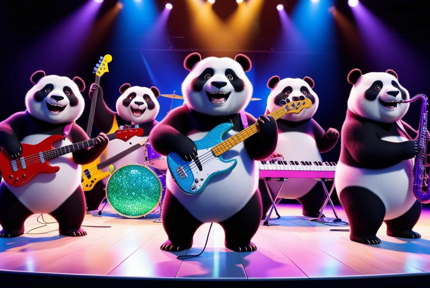 Illustration of a music group made up of happy cartoon pandas playing all the instruments