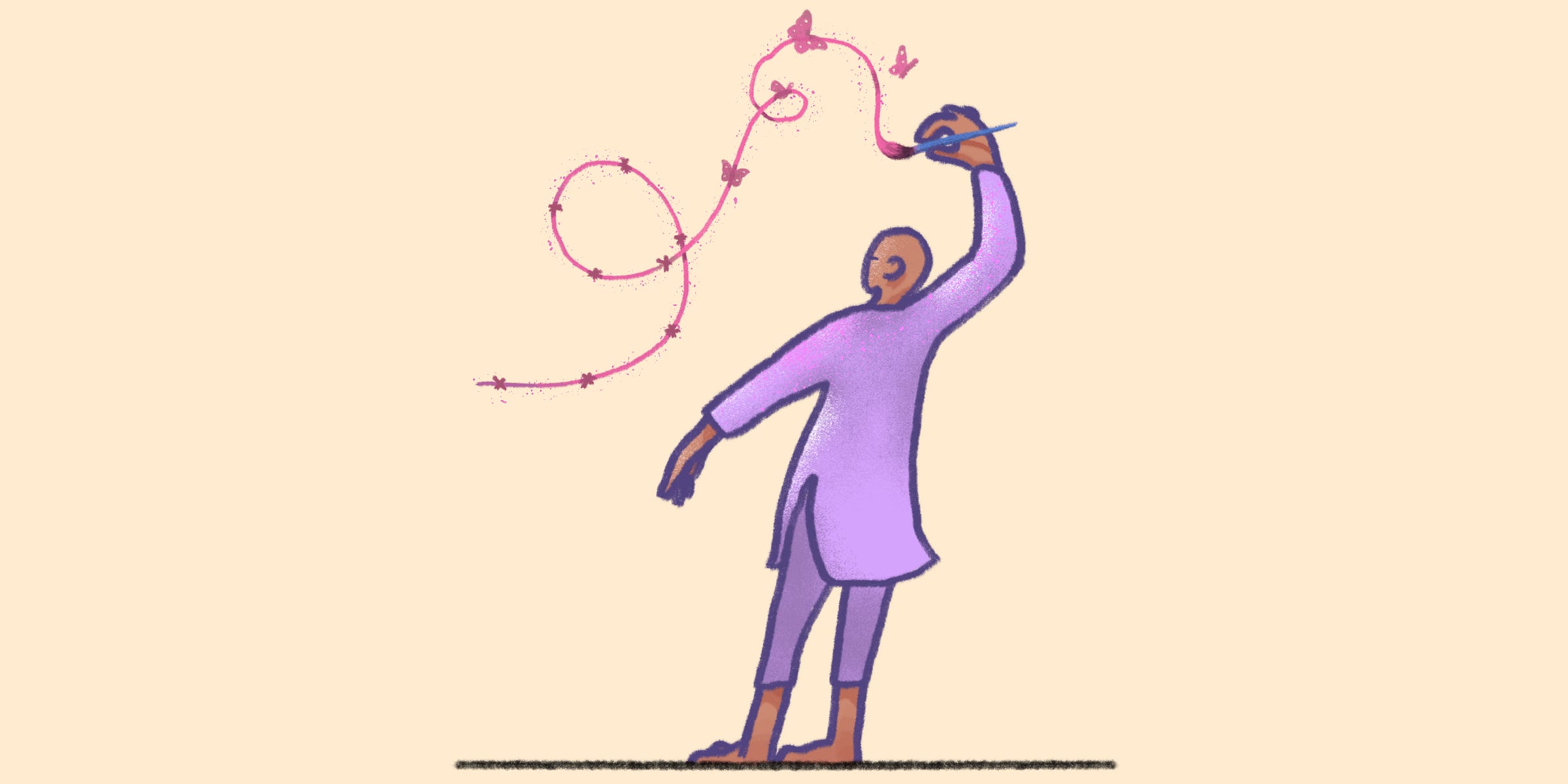 Art showing a man doodling butterflies and wavy lines on what appears to be prison walls as canvas Art showing a man doodling butterflies and wavy lines on what appears to be prison walls as canvas