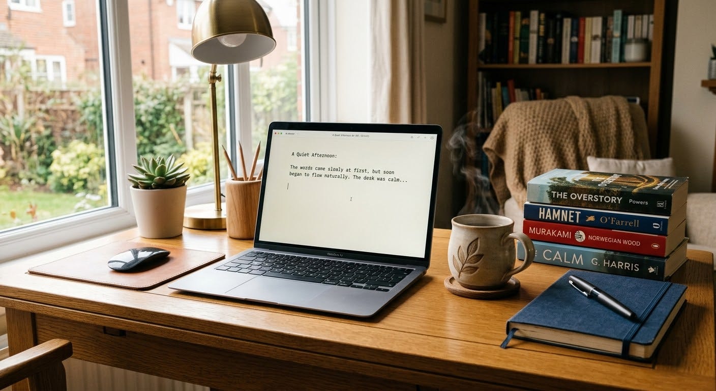 A quiet, warm indoor desk scene featuring a modern laptop open to a clean writing canvas, sitting alongside a steaming mug of tea, a stack of hardcover books, and a notebook with a pen laid across it.