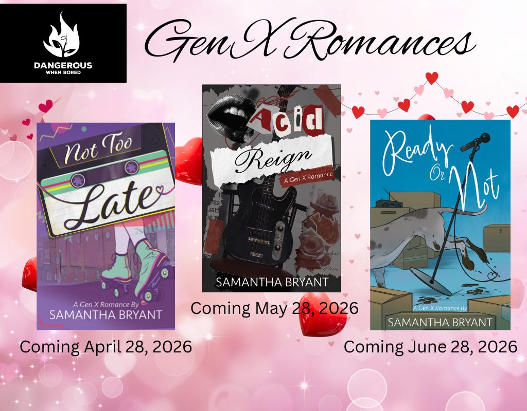 pink rectangle with heart theme. Black script title GenX Romances. Cover images and release dates for three books. pink rectangle with heart theme. Black script title GenX Romances. Cover images and release dates for three books.