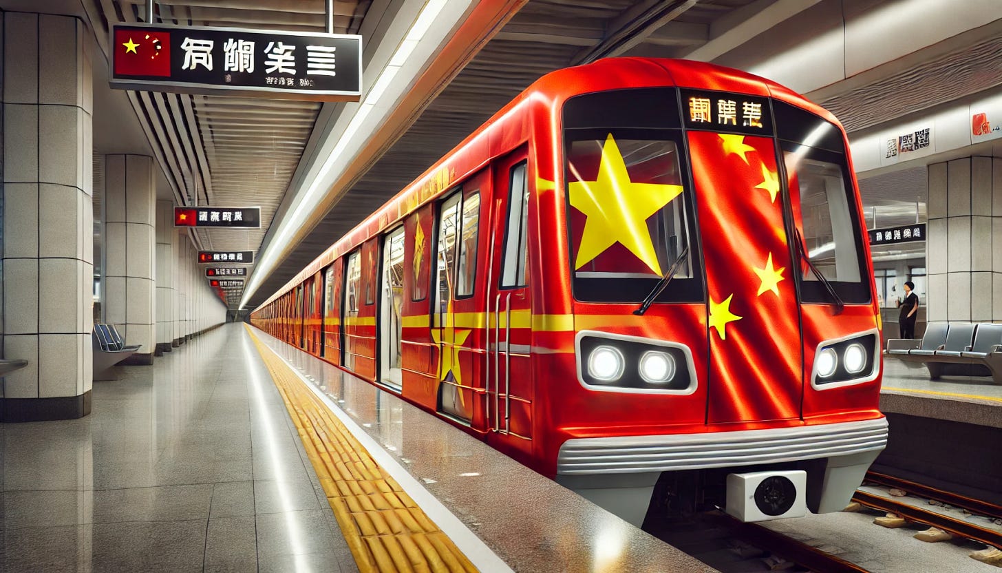 A wide aspect ratio image showing an up-close view of a Chinese metro train draped in the livery of the Chinese flag. The train should be depicted realistically, with vivid red and yellow colors and stars from the Chinese flag prominently displayed on its body. The setting should include typical metro station elements such as the platform, signage in Chinese, and passengers waiting or boarding, emphasizing a busy urban environment.