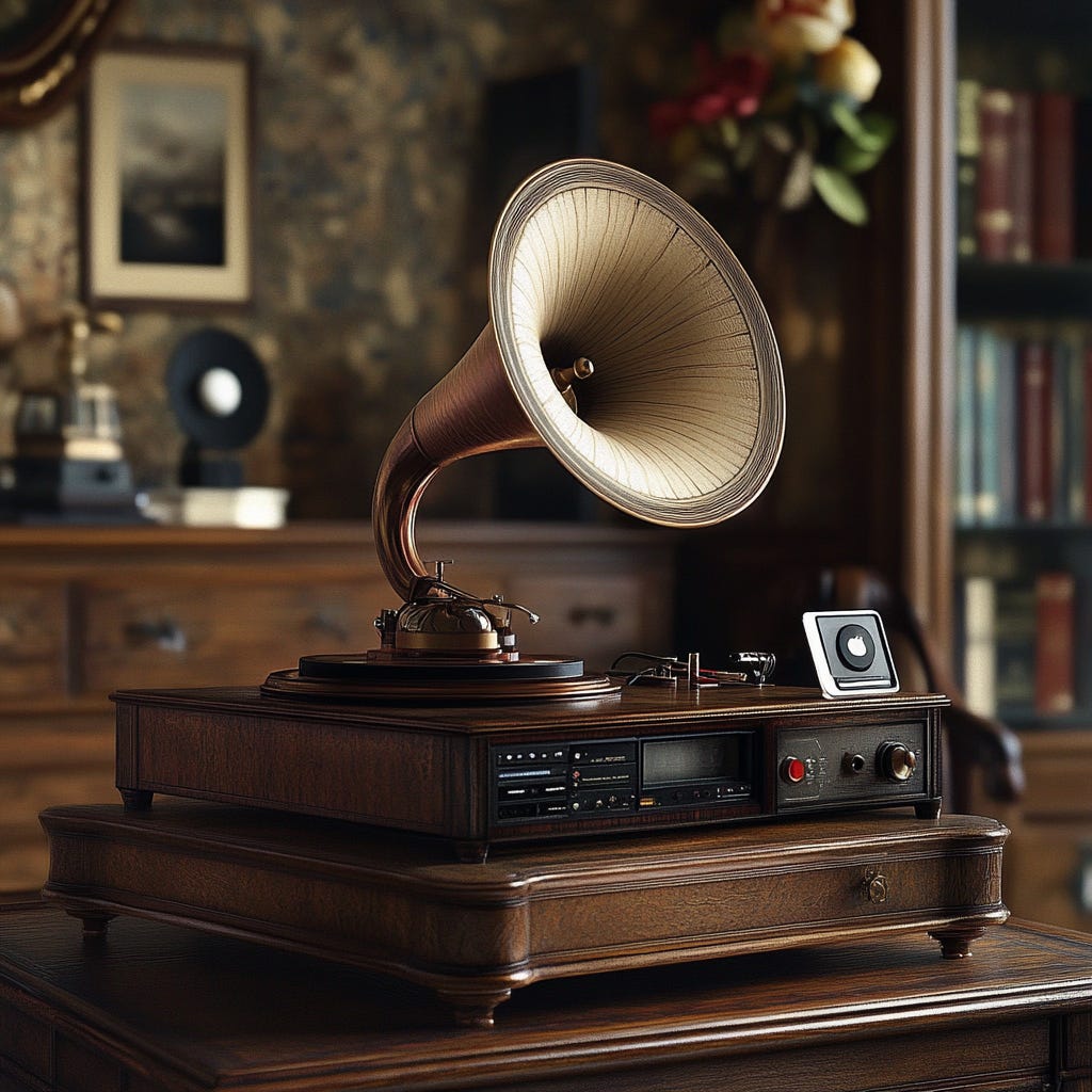 A vintage-style gramophone with a large brass horn sits on a polished wooden table. The base combines classic design with modern technology, featuring cassette and digital controls. In the background, a warmly lit room with antique furniture, framed photos, and bookshelves adds to the nostalgic atmosphere. A vintage-style gramophone with a large brass horn sits on a polished wooden table. The base combines classic design with modern technology, featuring cassette and digital controls. In the background, a warmly lit room with antique furniture, framed photos, and bookshelves adds to the nostalgic atmosphere.